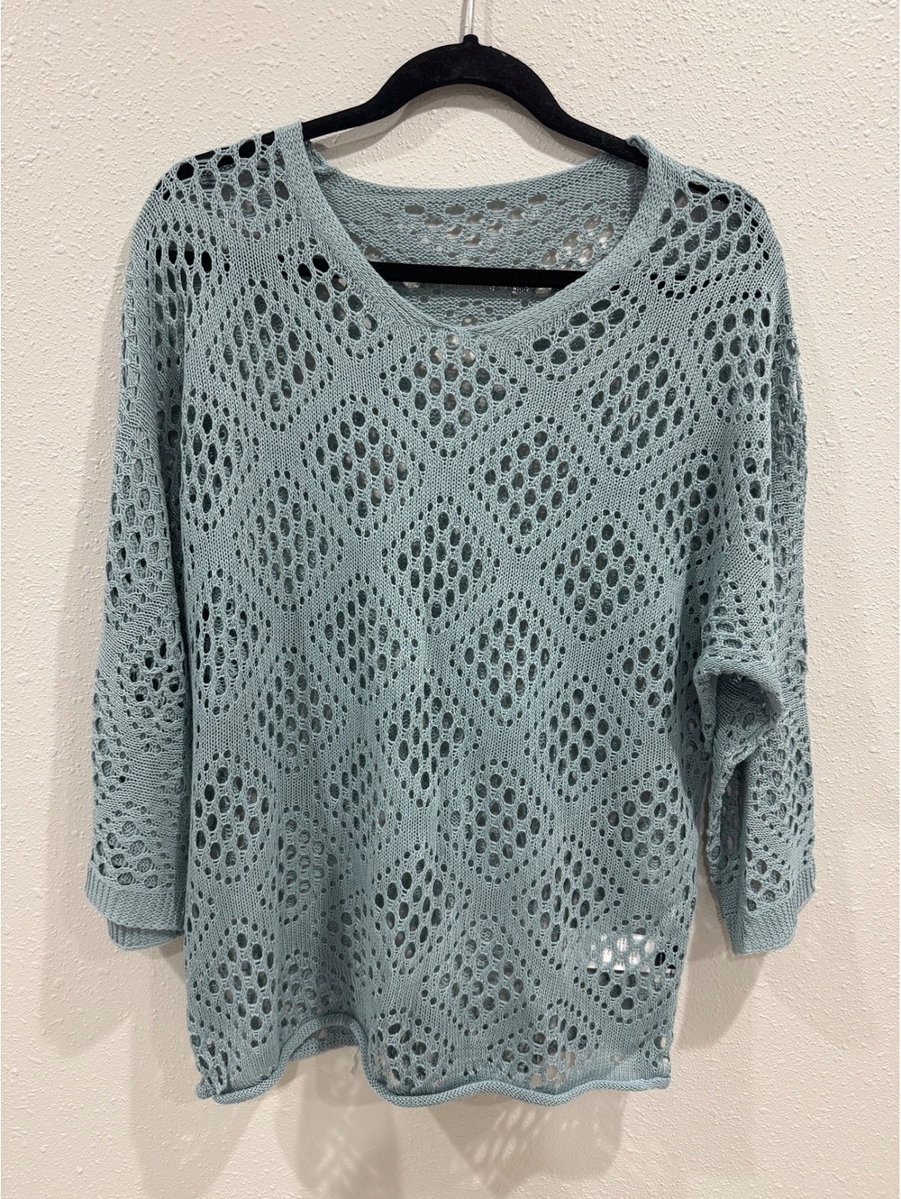 Women’s Dusty Blue Open Knit Crochet V-Neck Sweater Size M